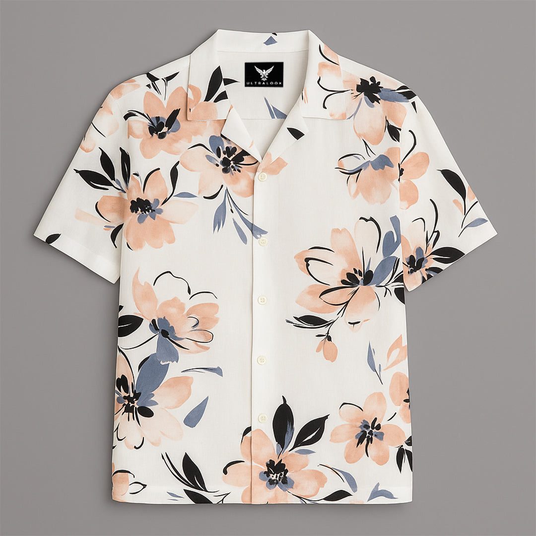 White Flower Printed Half Sleeve Shirt