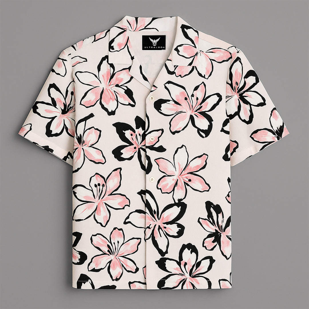 Pink Flower Printed Half Sleeve Shirt