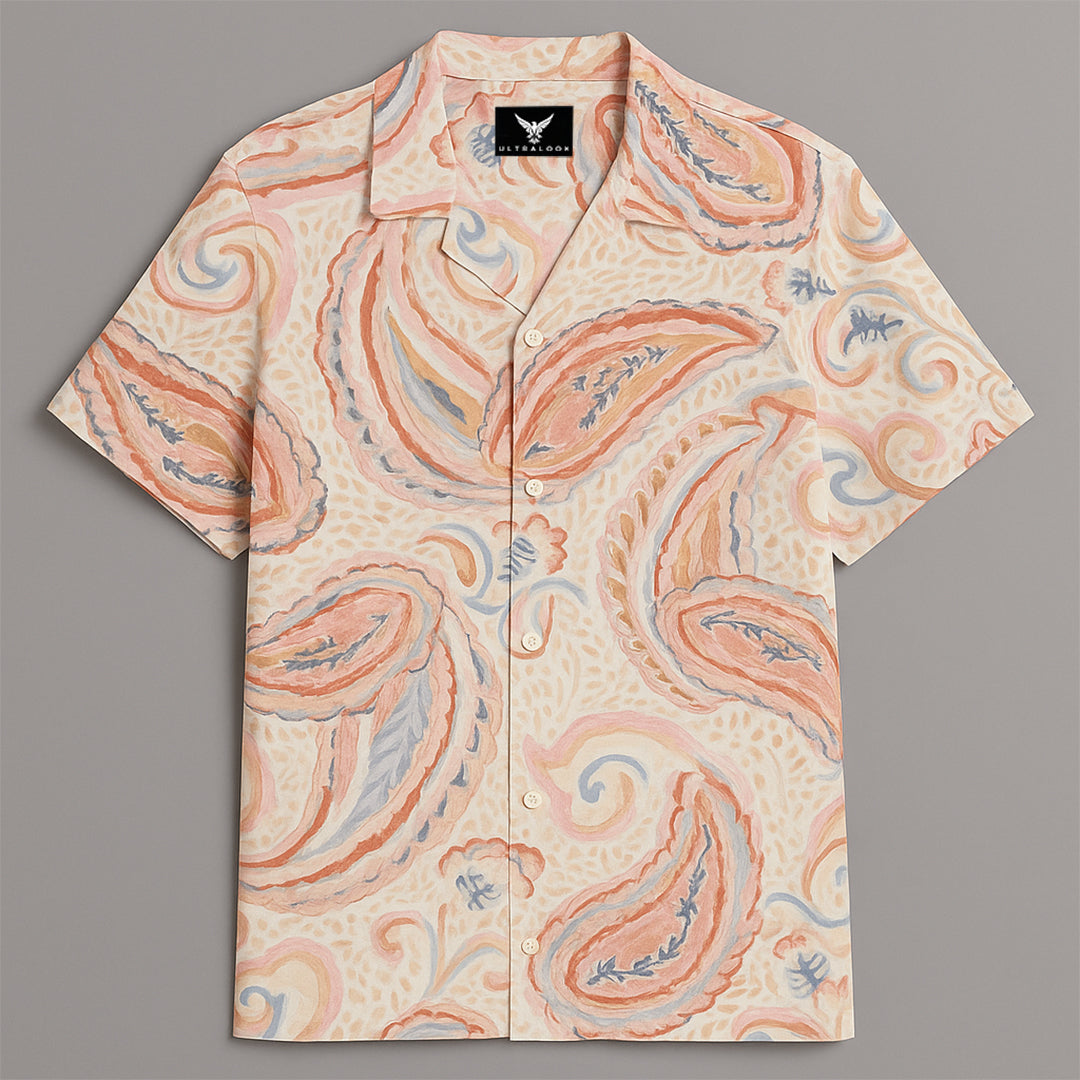 Peach Paisley Printed Half Sleeve Shirt