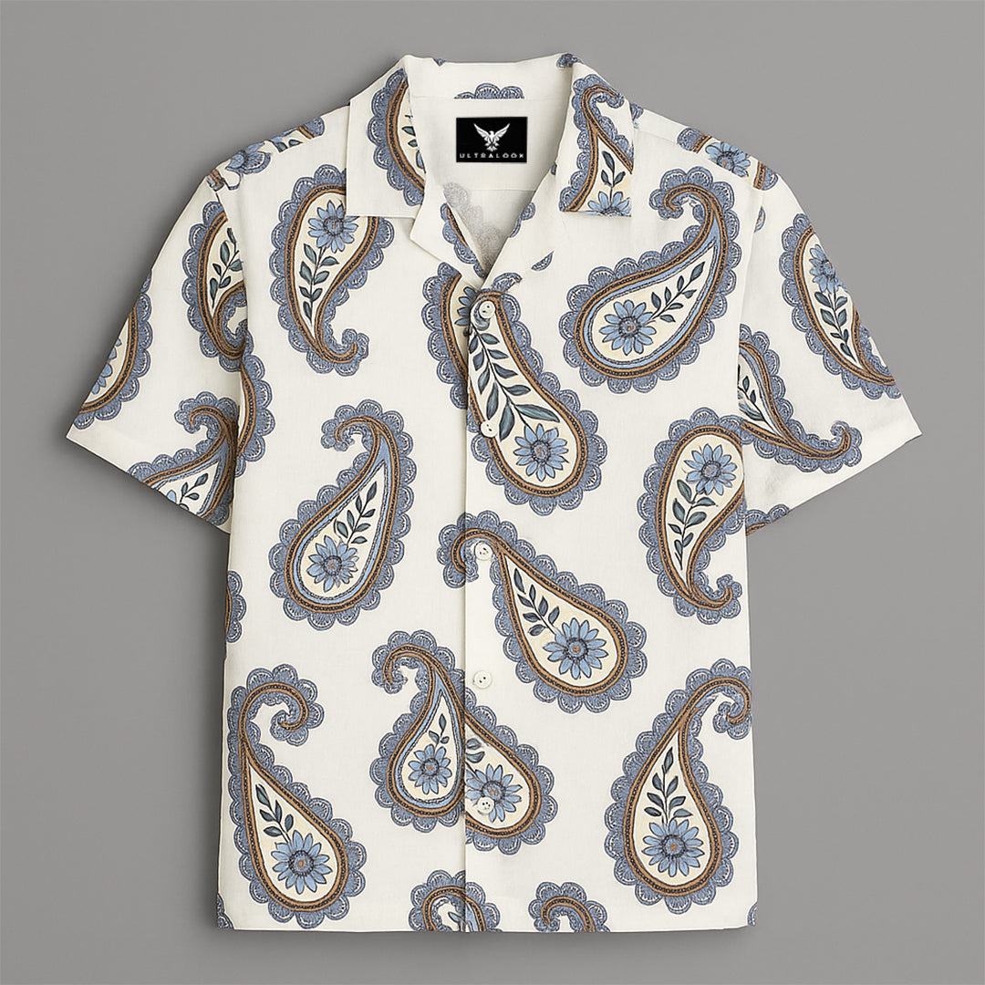 White Paisley Printed Half Sleeve Shirt