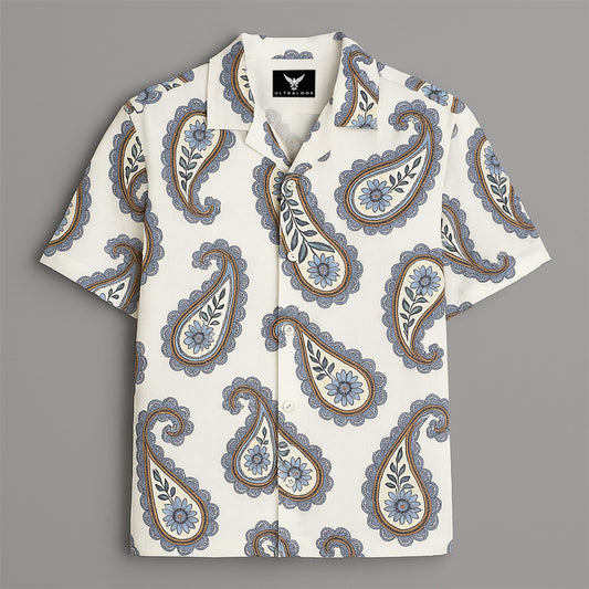 White Paisley Printed Half Sleeve Shirt