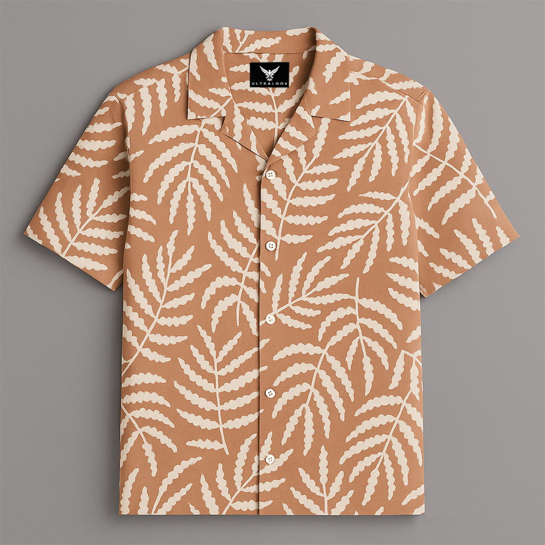 Brown Leaf Printed Half Sleeve Shirt