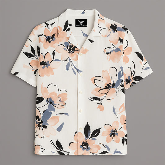White Flower Printed Half Sleeve Shirt