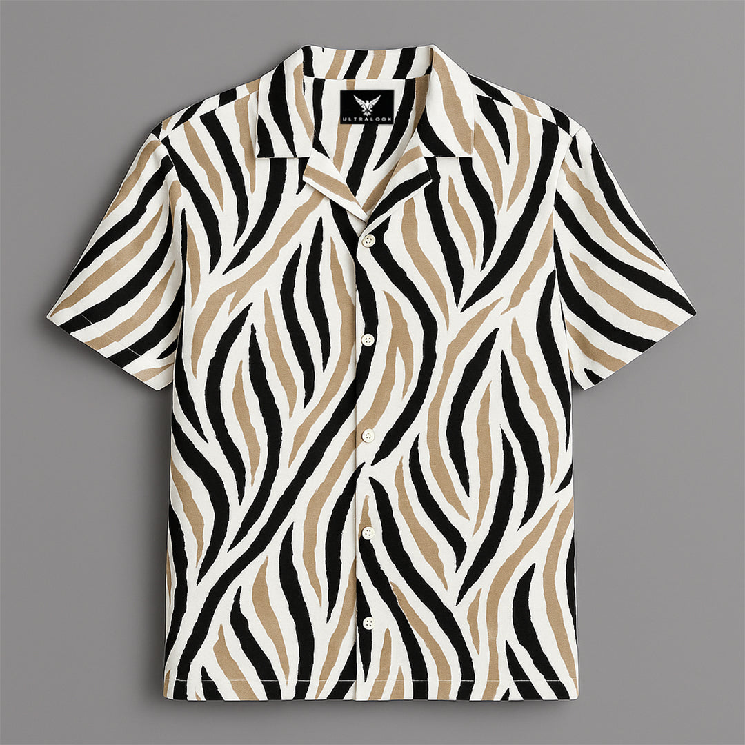 Cream And Black Printed Half Sleeve Shirt