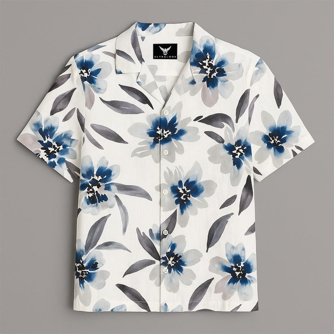 White Flower Printed Half Sleeve Shirt