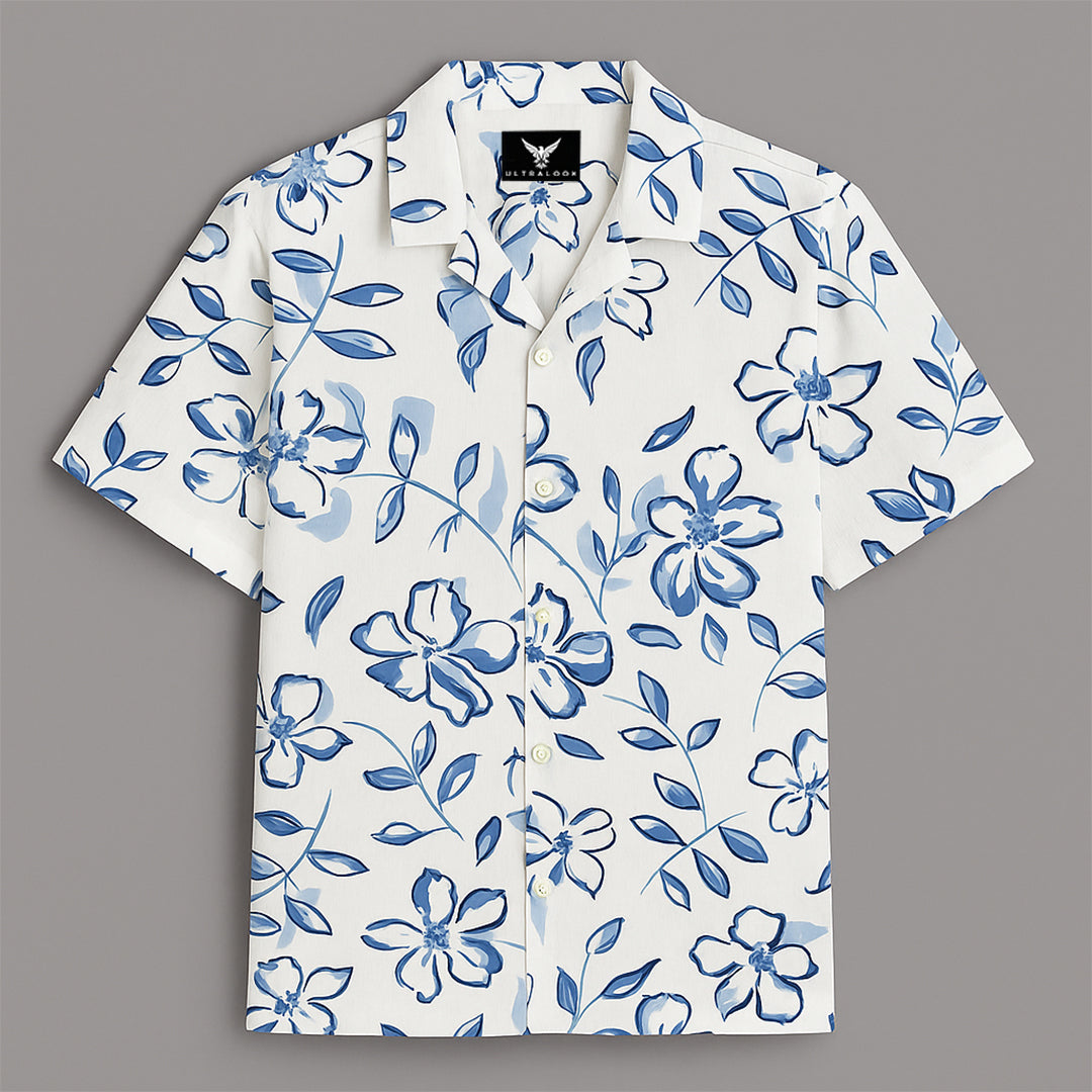 White Flower Printed Half Sleeve Shirt
