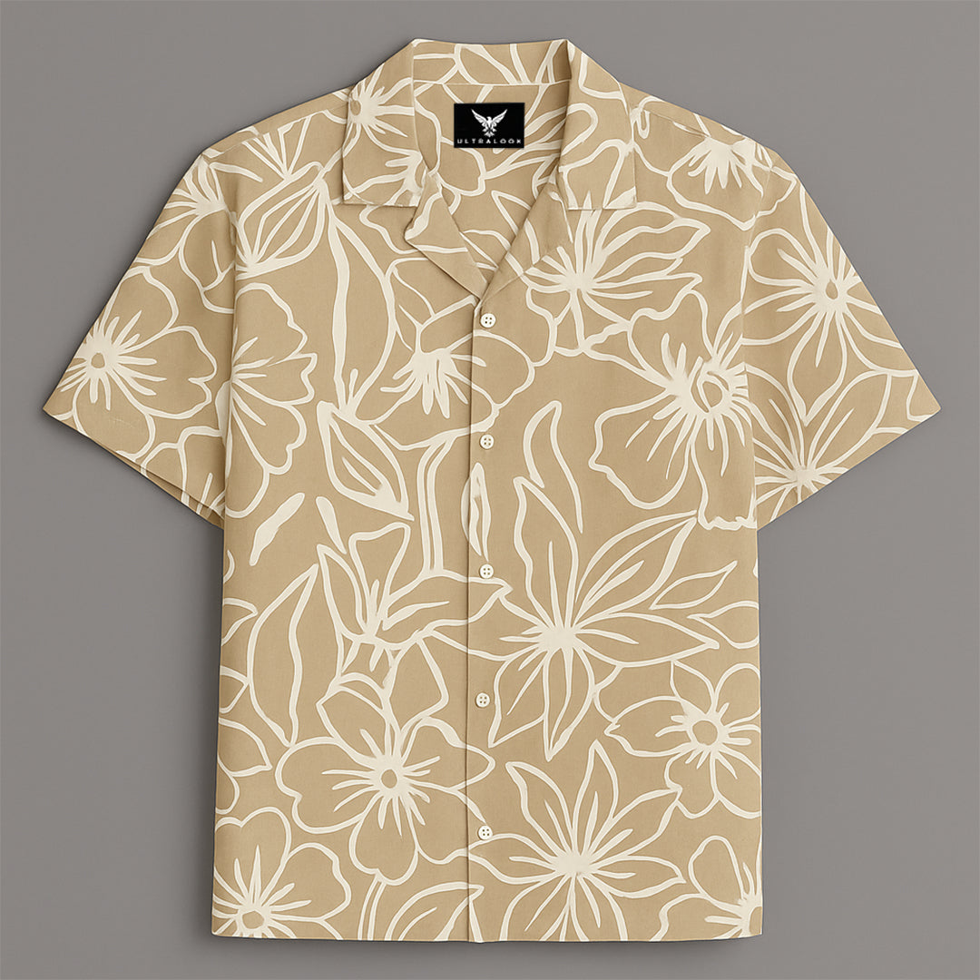 Cream Flower Printed Half Sleeve Shirt