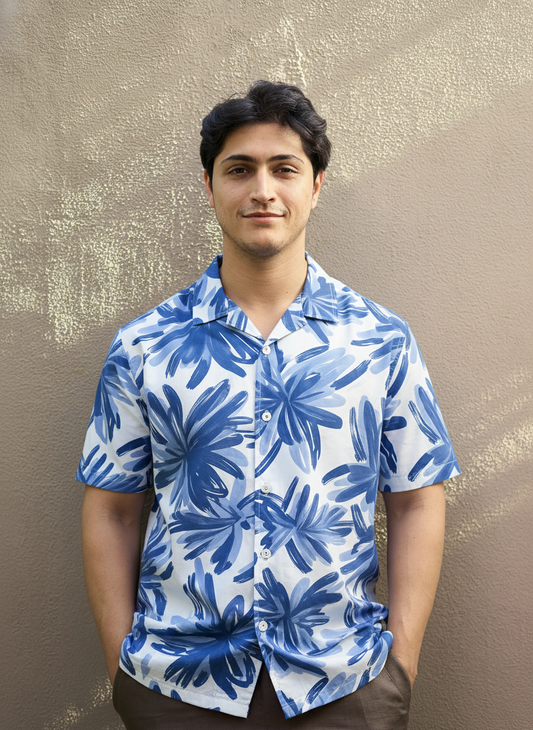 Blue Flower Printed Half Sleeve Shirt