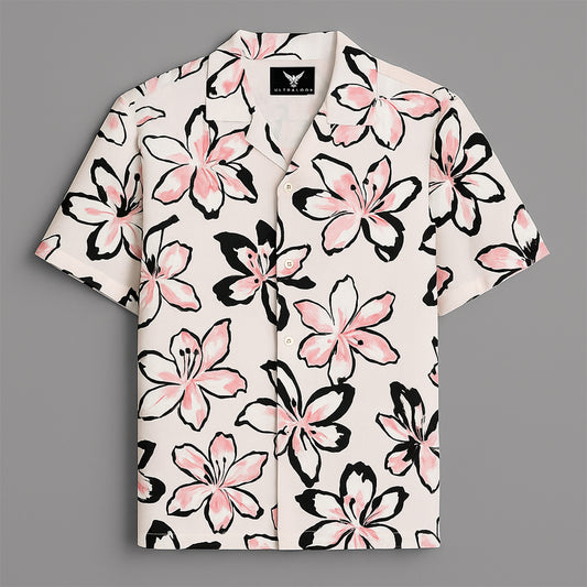 Pink Flower Printed Half Sleeve Shirt