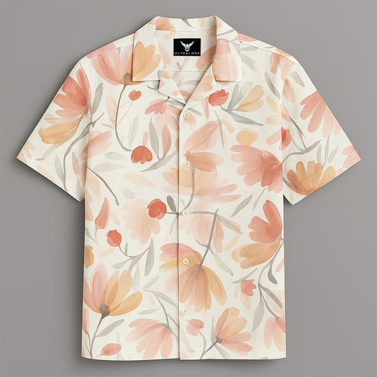 Peach Flower Printed Half Sleeve Shirt